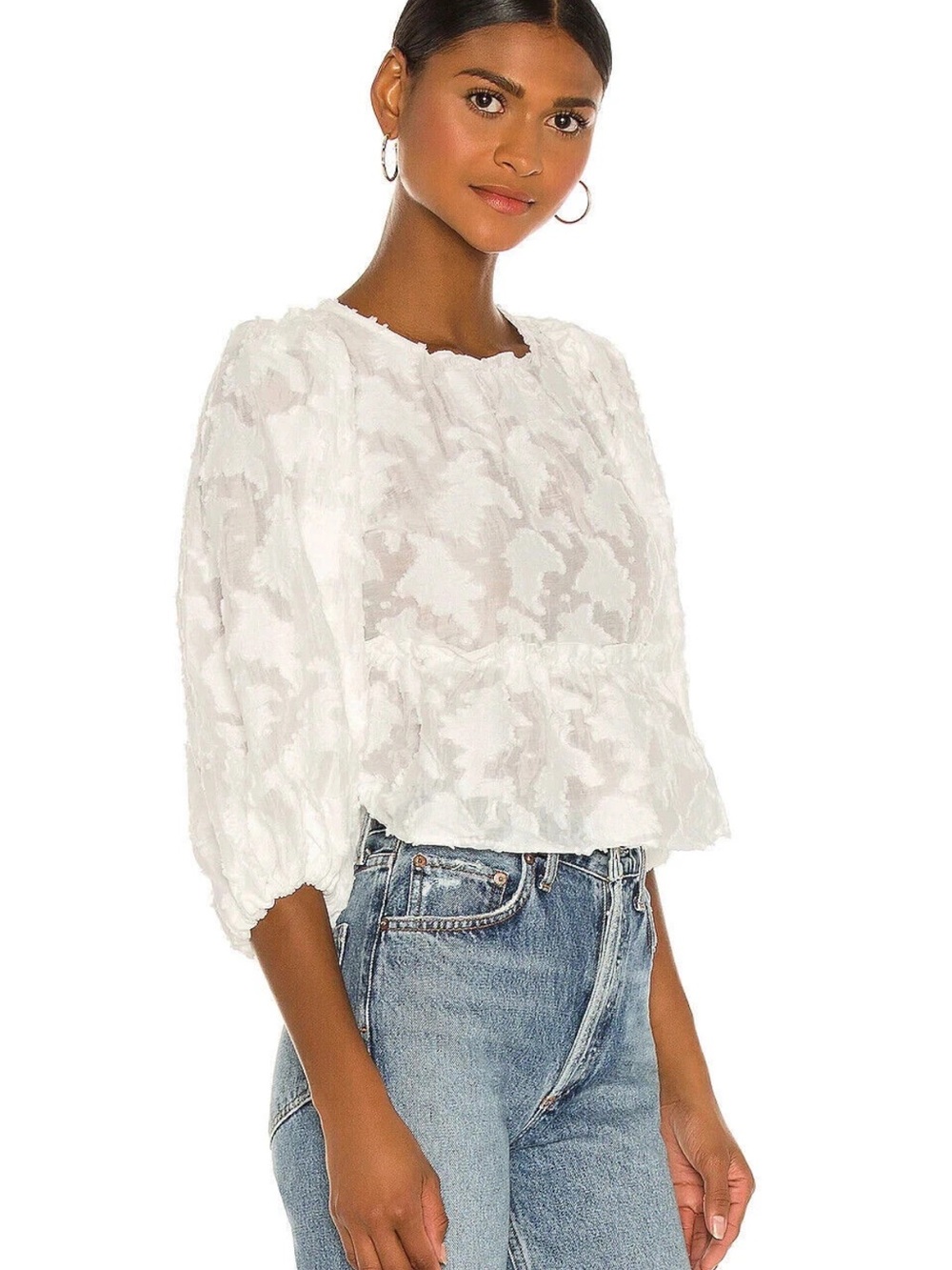 Free People Callie Women's White Textured Puff-Sleeve Blouse size small 4 6